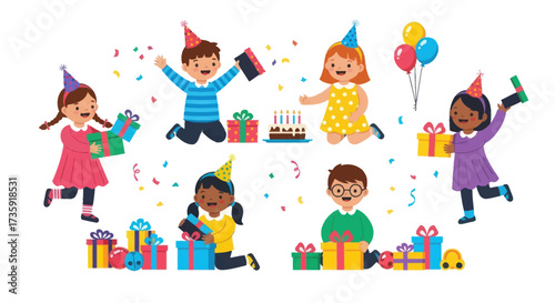 Diverse Children Celebrating Birthday Party with Gifts Cake and Balloons.