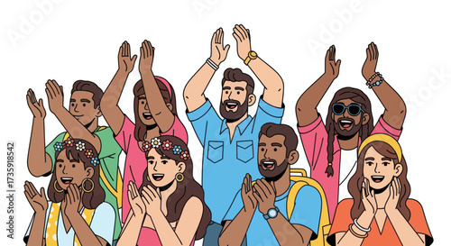 Diverse group of happy people clapping and cheering with raised hands.