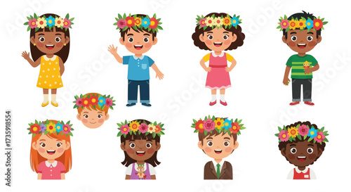 Diverse Group of Children Wearing Flower Crowns Cartoon Style.