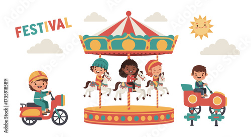 Children Enjoying a Festive Carnival with Carousel and Rides.