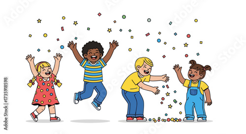 Joyful diverse children playing with falling stars and confetti in a cartoon illustration.