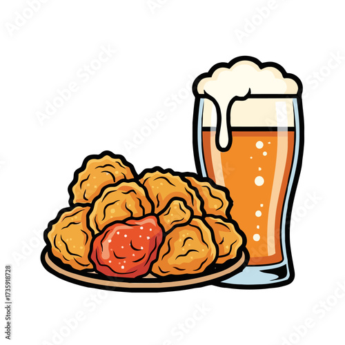 Plate crispy fried chicken wings with spicy red sauce and tall glass frothy beer