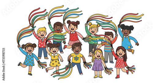 Cheerful Diverse Group of Children Holding Colorful Ribbons.