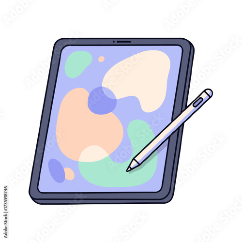 Modern digital tablet with stylus pen, displaying abstract colorful shapes on the screen