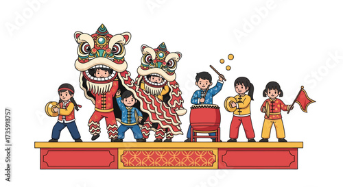 Chinese Lion Dance Performance with Children on Stage Celebrating Lunar New Year.