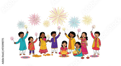 Group of Children Celebrating with Fireworks and Sparklers.