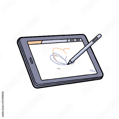 Digital tablet with stylus pen is shown, displaying sketch flower on its screen, representing digital creation and technology