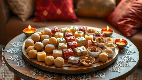 Closeup of a festive Diwali table with a delicious cake decorated with fresh berries and Christmas decorations for a sweet dessert and gourmet meal