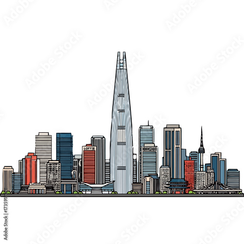 Modern city skyline with tall skyscrapers and prominent central tower