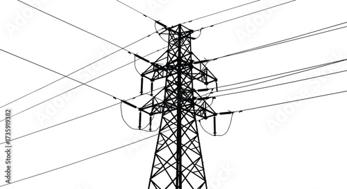 High voltage electric transmission tower silhouette with power cables, vector illustration, energy pylon grid structure, industrial utility design