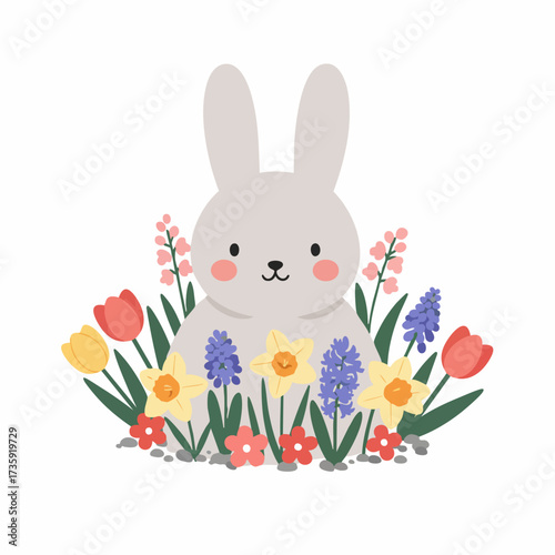 Cute Flat Illustration Bunny Surrounded by Spring Flowers Decoration
