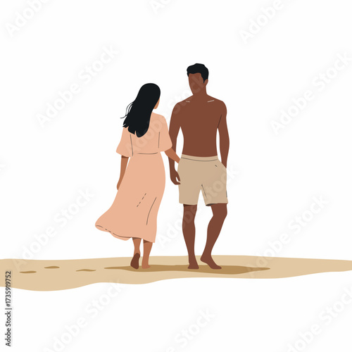 Flat Style Couple Walking on Sandy Beach Holiday Summer Vacation Illustration