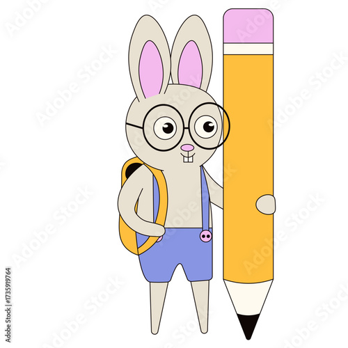 Back to School. Vector illustration of funny schoolboy rabbit with big pencil isolated transparent background. Perfect vector template design for Back to School poster banner wall decor. EPS 10