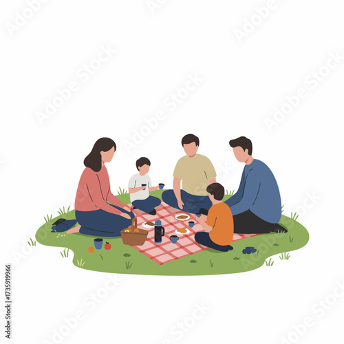 Flat Illustration Family Enjoying Picnic Outdoors on Blanket Together