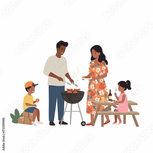 Flat Illustration Family Enjoying Barbecue Time Together Outdoor Leisure Activity