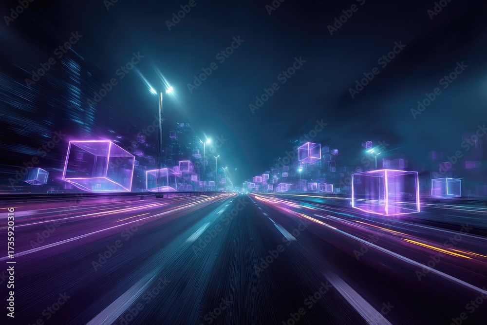 Obraz premium Futuristic, high-speed, long-exposure view down a highway with neon, floating, transparent cubes