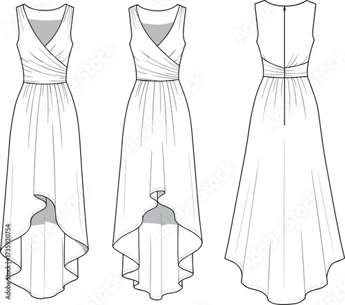 High low sleeveless dress with crossover bodice, fitted waist, flowy hemline, technical flat sketch, fashion cad drawing vector illustration