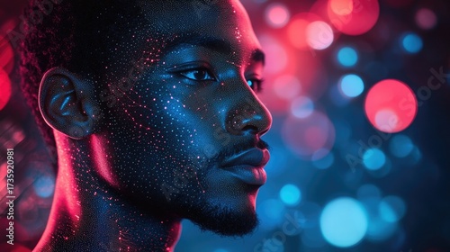 Striking portrait of a man with glowing skin against a vibrant bokeh background, perfect for representing futuristic technology, innovative design, and cutting-edge concepts with style and elegance