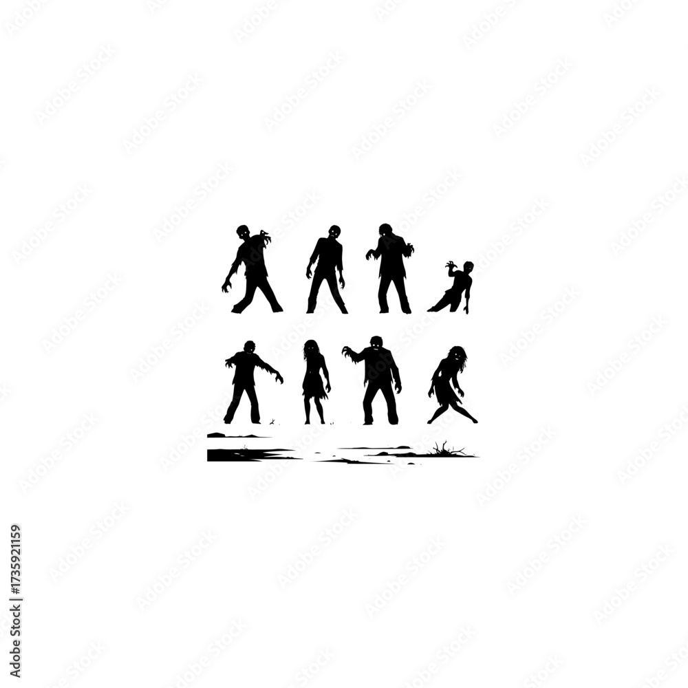 Fototapeta premium Group of scary zombie silhouette vectors for Halloween spooky decoration, horror wallpaper and undead monster design