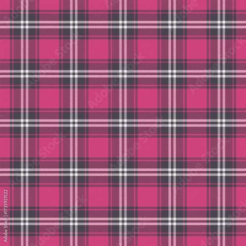 Fashioned check plaid pattern, production seamless textile background. Linear vector texture tartan fabric in pink and dark colors.