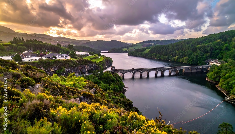 Fototapeta premium Scenic Welsh Reservoir Bridge Landscape.