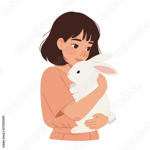 Flat Cute Young Woman Hugging White Rabbit Pet Illustration