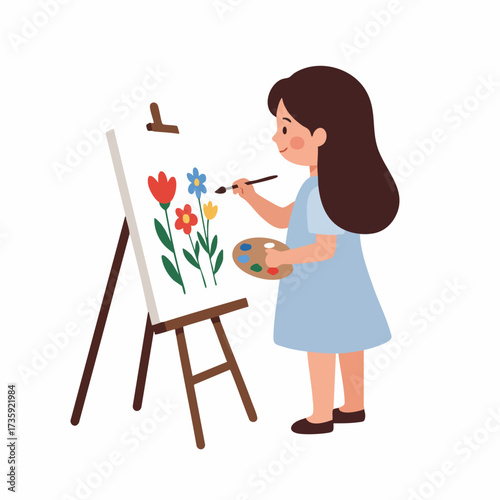 Cute Cartoon Style Little Girl Painting Flower On Canvas Illustration