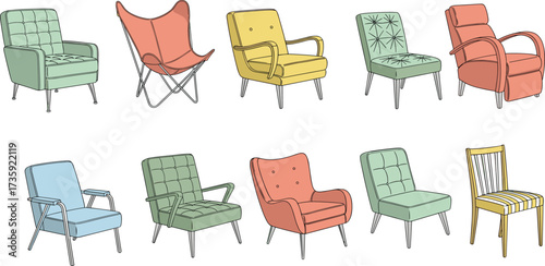 Chair collection illustration, upholstered and wooden chairs, modern furniture design, interior seating variety, stylish home decor, contemporary chair styles, furniture comparison, lifestyle concept