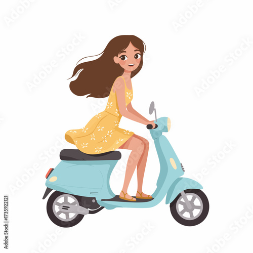 Flat Style Detailed Brunette Girl Riding Blue Moped Scooter Transportation