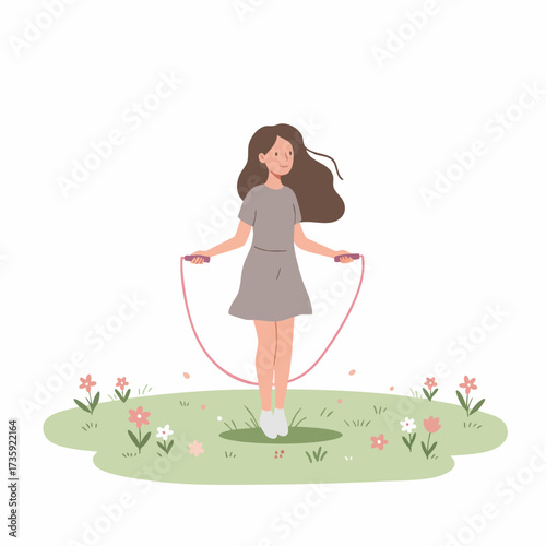 Cute Handdrawn Girl Skipping Rope in a Meadow Illustration Asset