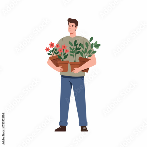 Flat Cartoon Style Man Carrying Potted Plants Gardening and Hobby Illustration