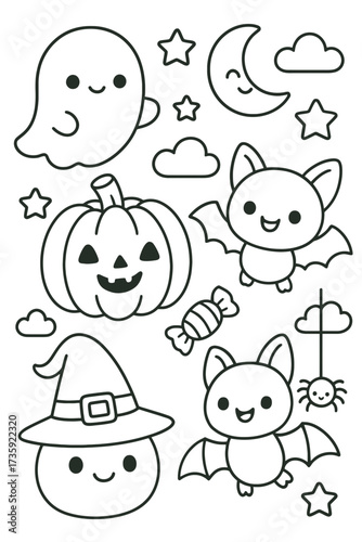 Cute cartoon set with funny helloween characters for kids illustration