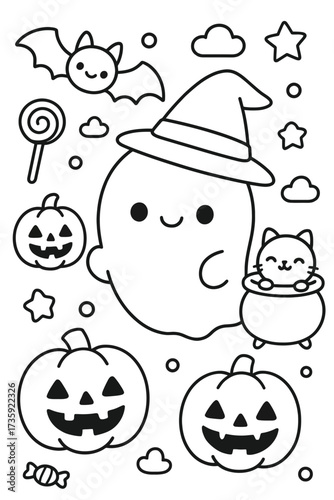 Cute cartoon helloween icons set with sweets and funny vector illustration