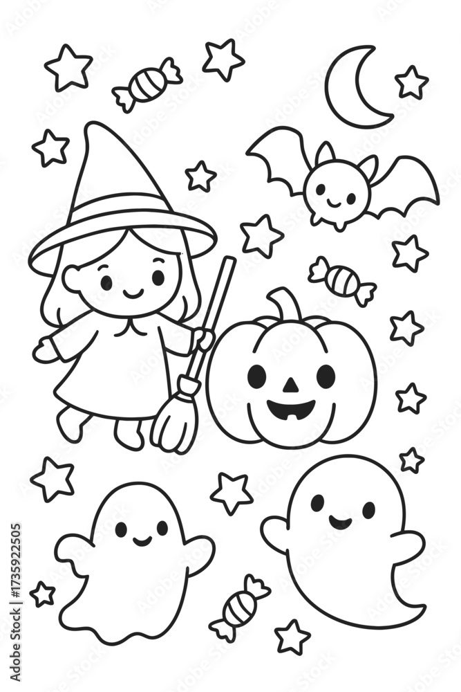 Fototapeta premium halloween and new year cartoon characters coloring book set for children