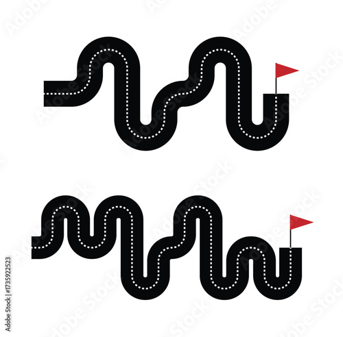 Abstract Road with Dotted Line and Flag at the End. Taking a winning path and overcoming difficulties in business vector art