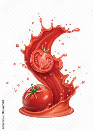 realistic 3d red tomato juice or ketchup sauce splashes in different style isolated on transparent background