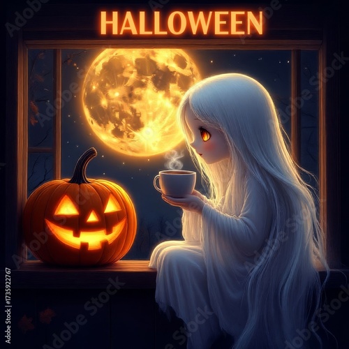Young ghost girl enjoying a warm drink by a pumpkin at Halloween  