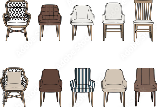 Chair collection illustration, wicker and upholstered chairs, wooden seating design, modern furniture variety, interior decor concept, stylish home seating, furniture comparison
