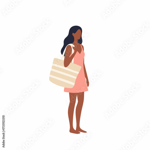 Flat Simple Woman with Striped Bag on Beach Vacation Illustration