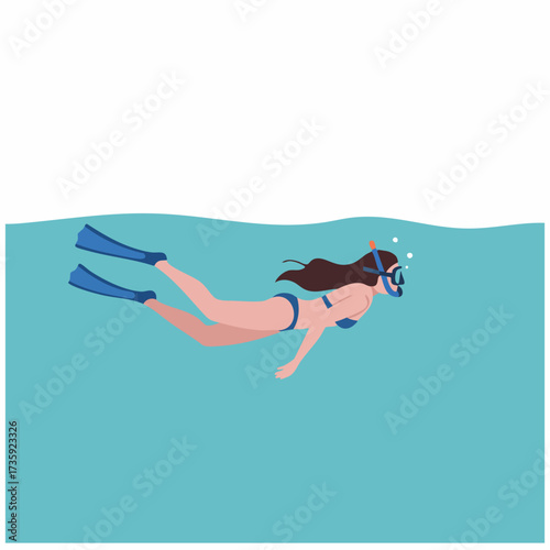 Simple Flat Illustration Woman Snorkeling in Clear Blue Ocean Water