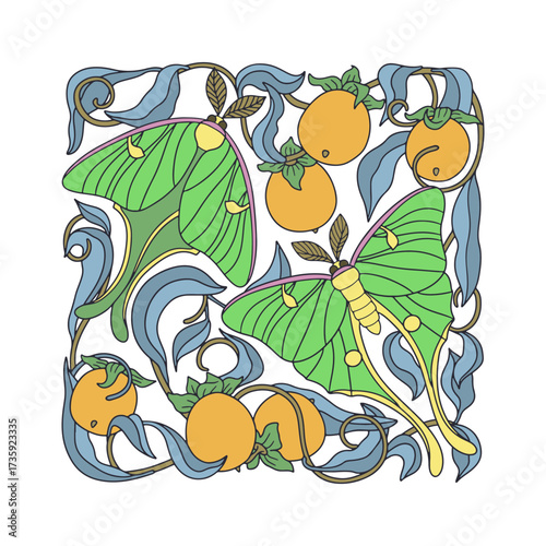 Art nouveau luna moth and persimmon fruits hand drawn print. Vintage plant and butterfly design