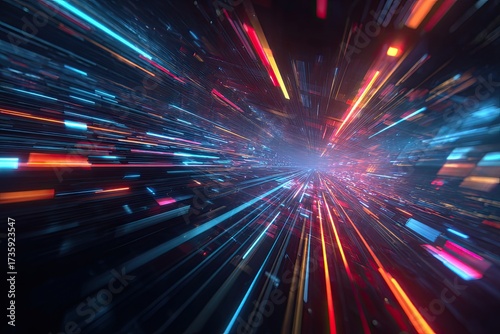 A vivid abstract tunnel of light streaks in various colors. Motion & dynamic burst focus
