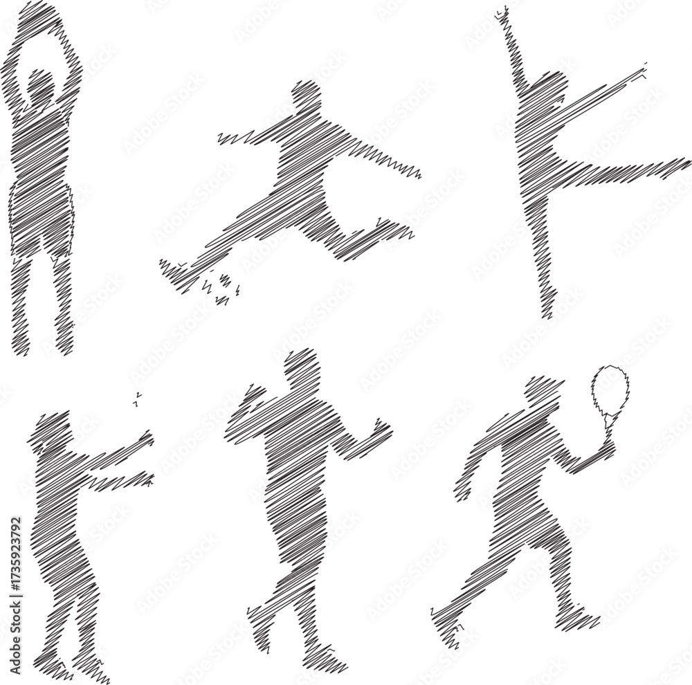 Fototapeta premium Scribble Style Sport Silhouettes Set | Abstract Vector Illustration of Athlete Figures for Graphic Design and Sport Related Visuals
