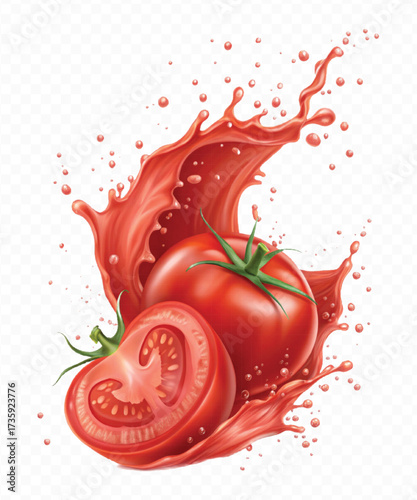 realistic 3d red tomato juice or ketchup sauce splashes in different style isolated on transparent background