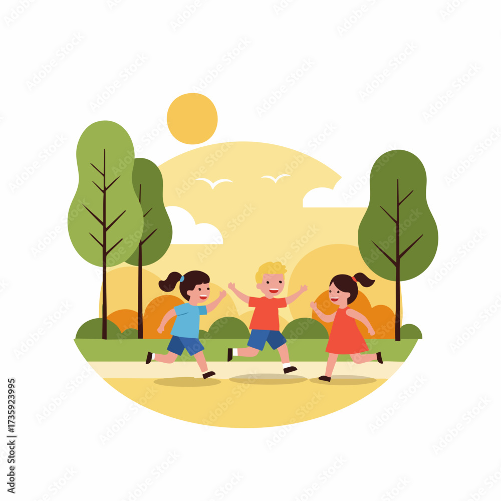 Obraz premium Flat Style Children Playing Running Joyfully in the Park Illustration