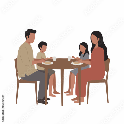 Flat Illustration Family Meal Time Together Around Round Dining Table