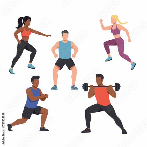 Flat Style Diverse People Doing Fitness Exercise Workout Illustration
