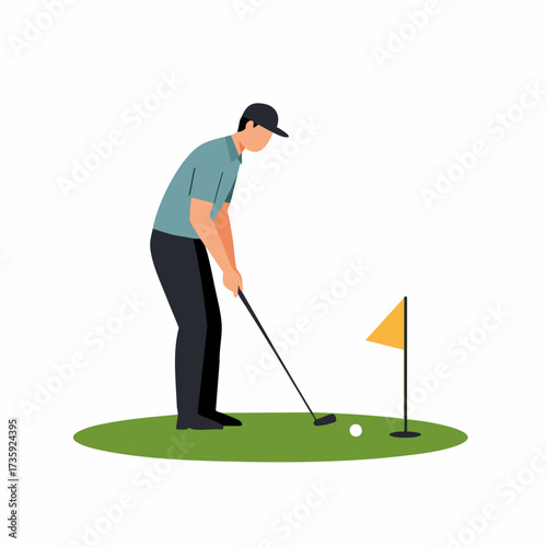 Minimalist Style Golf Player Swinging Stick on Green Grass Field Illustration