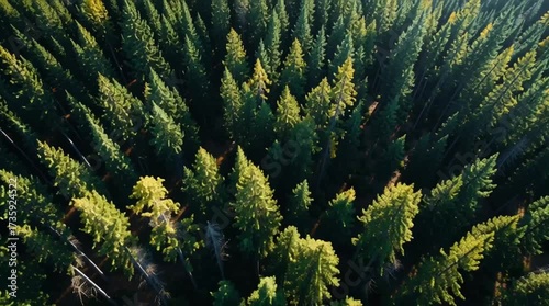 Aerial drone shot of dense evergreen forest with sunlight casting shadows through tree tops, slow cinematic flyover.