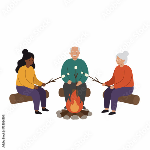 Flat Illustration Diverse People Sitting Around Bonfire Celebrating Together Scene
